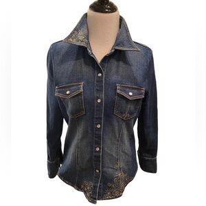 KAREN KANE BLUE DENIM EMBROIDERED JACKET BLAZER SHIRT WITH SNAP BUTTONS SIZE M